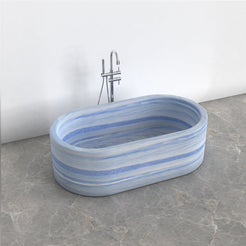 Mavelle Azura Blue Quartzite rounded-rectangle bathtub, studio three-quarter visualization