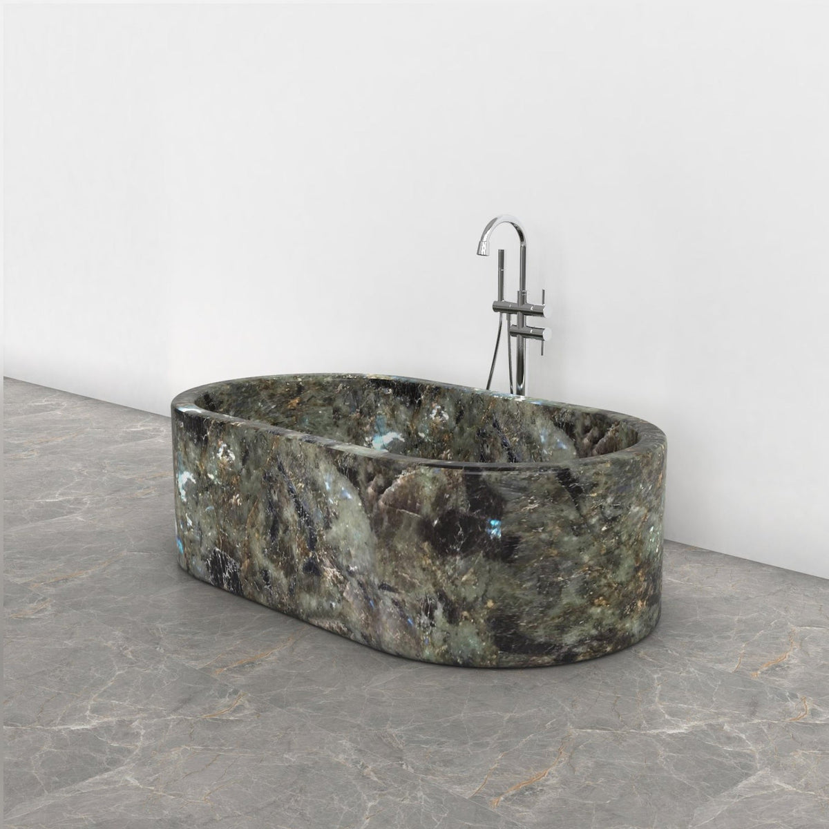 Mavelle Celestia Blue Quartzite rounded-rectangle bathtub, studio three-quarter visualization