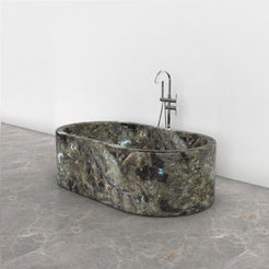 Mavelle Celestia Blue Quartzite rounded-rectangle bathtub, studio three-quarter visualization
