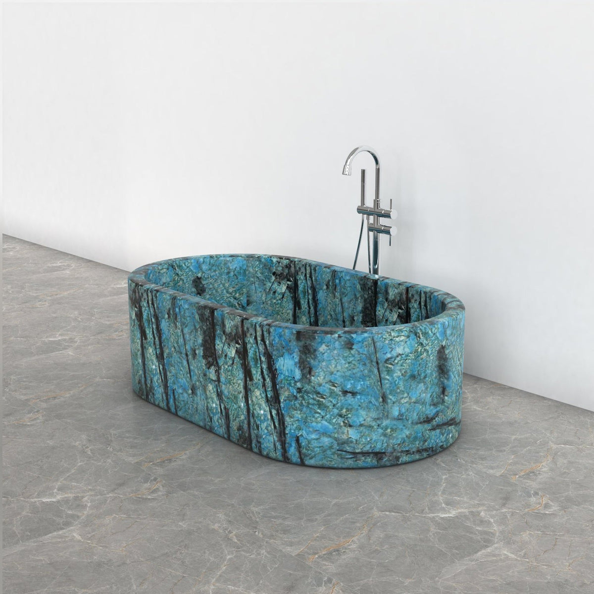 Mavelle Danube Blue Quartzite rounded-rectangle bathtub, studio three-quarter visualization