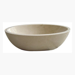 Mavelle Spanish Crema Marfil Marble rounded-rectangle bathtub, studio three-quarter visualization