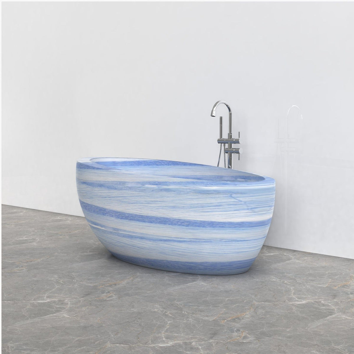 Navira Azura Blue Quartzite bathtub, studio three-quarter visualization