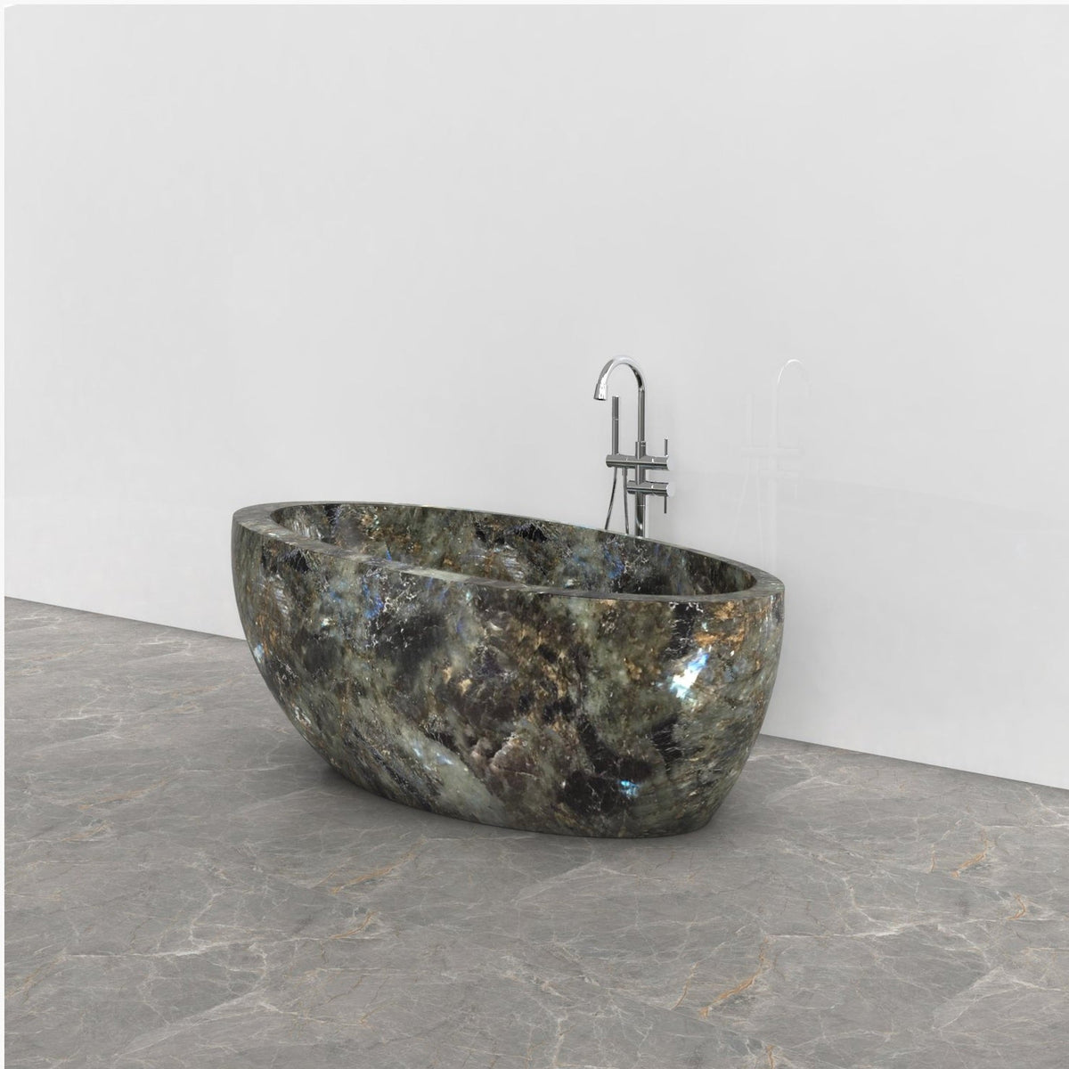 Navira Celestia Blue Quartzite bathtub, studio three-quarter visualization