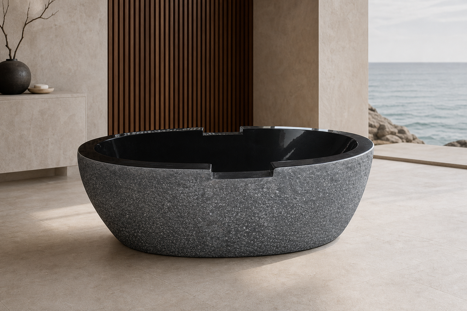 Noctira Absolute Black Granite bathtub in a coastal luxury bathroom, styled visualization