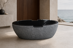 Noctira Absolute Black Granite bathtub in a coastal luxury bathroom, styled visualization