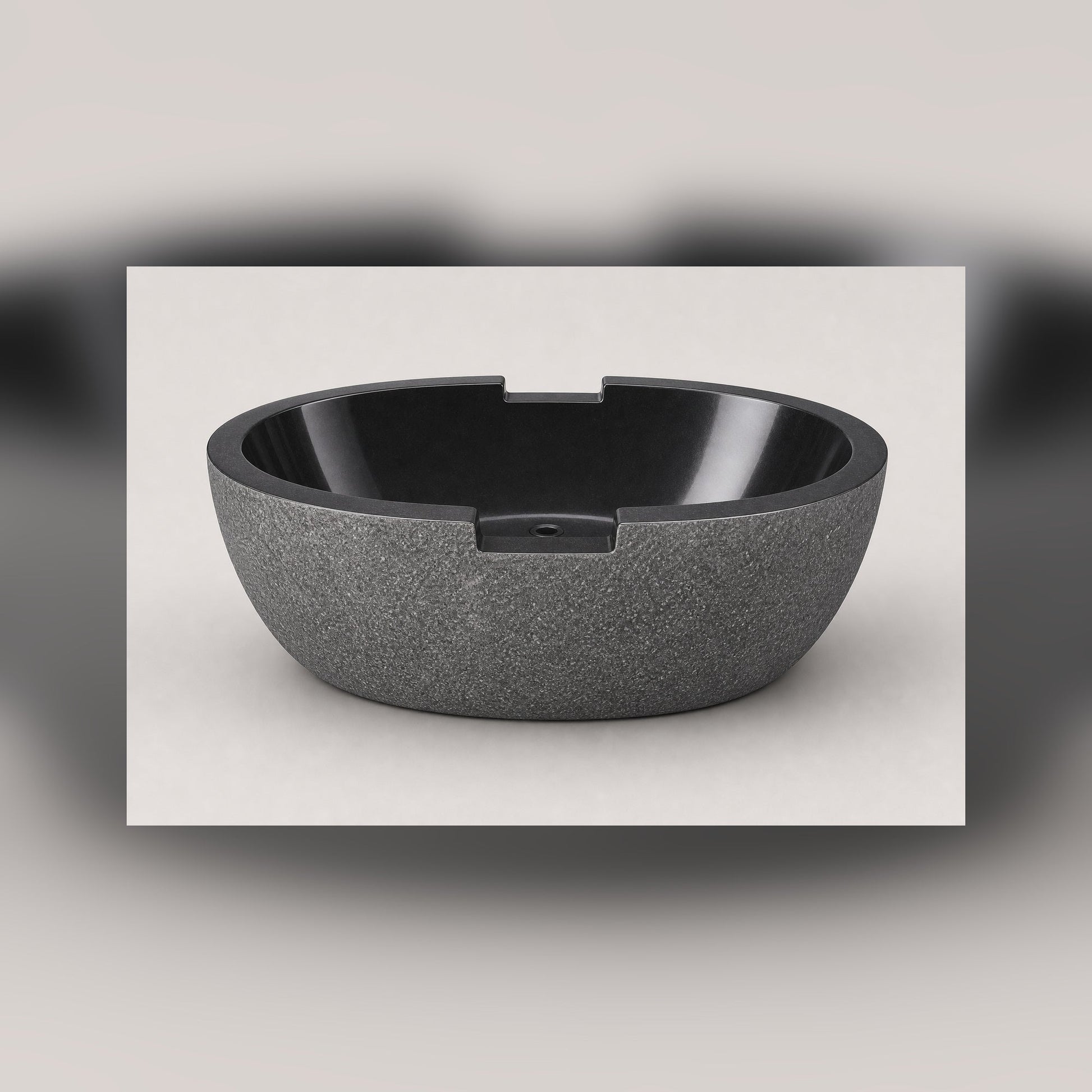 Noctira Absolute Black Granite freestanding bathtub, three-quarter studio visualization