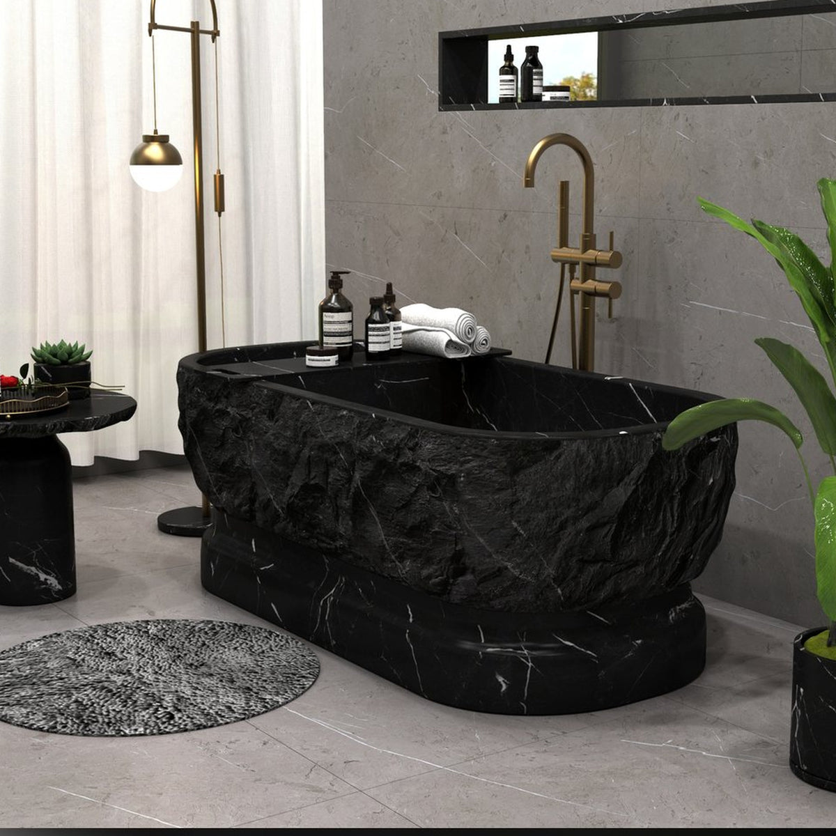 Orvane BT-127A Portoro Black Marble freestanding bathtub design rendering, three-quarter view