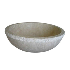 Real front view of the RHEA Round Travertine soaking bathtub with a textured outer band