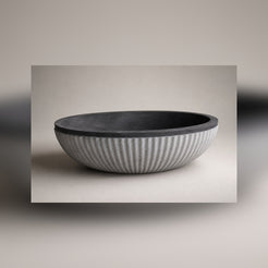 Rivelle fluted Midnight Black Granite freestanding bathtub, three-quarter studio visualization
