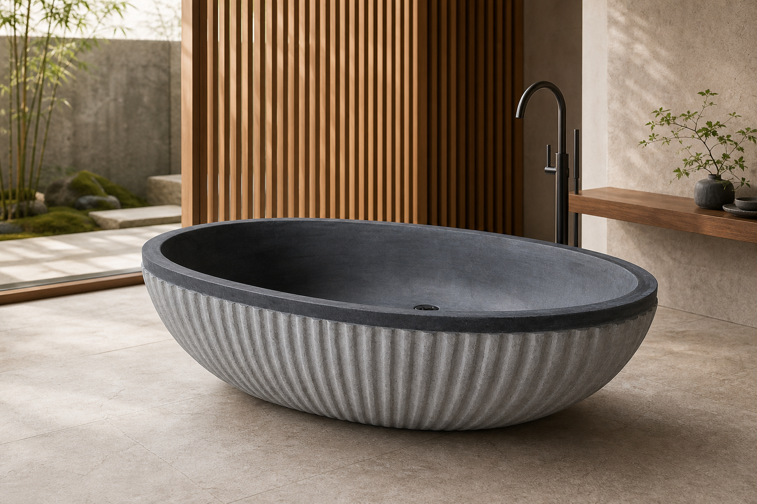 Rivelle Natural Black Granite bathtub in a serene Japanese-inspired bathroom, styled visualization