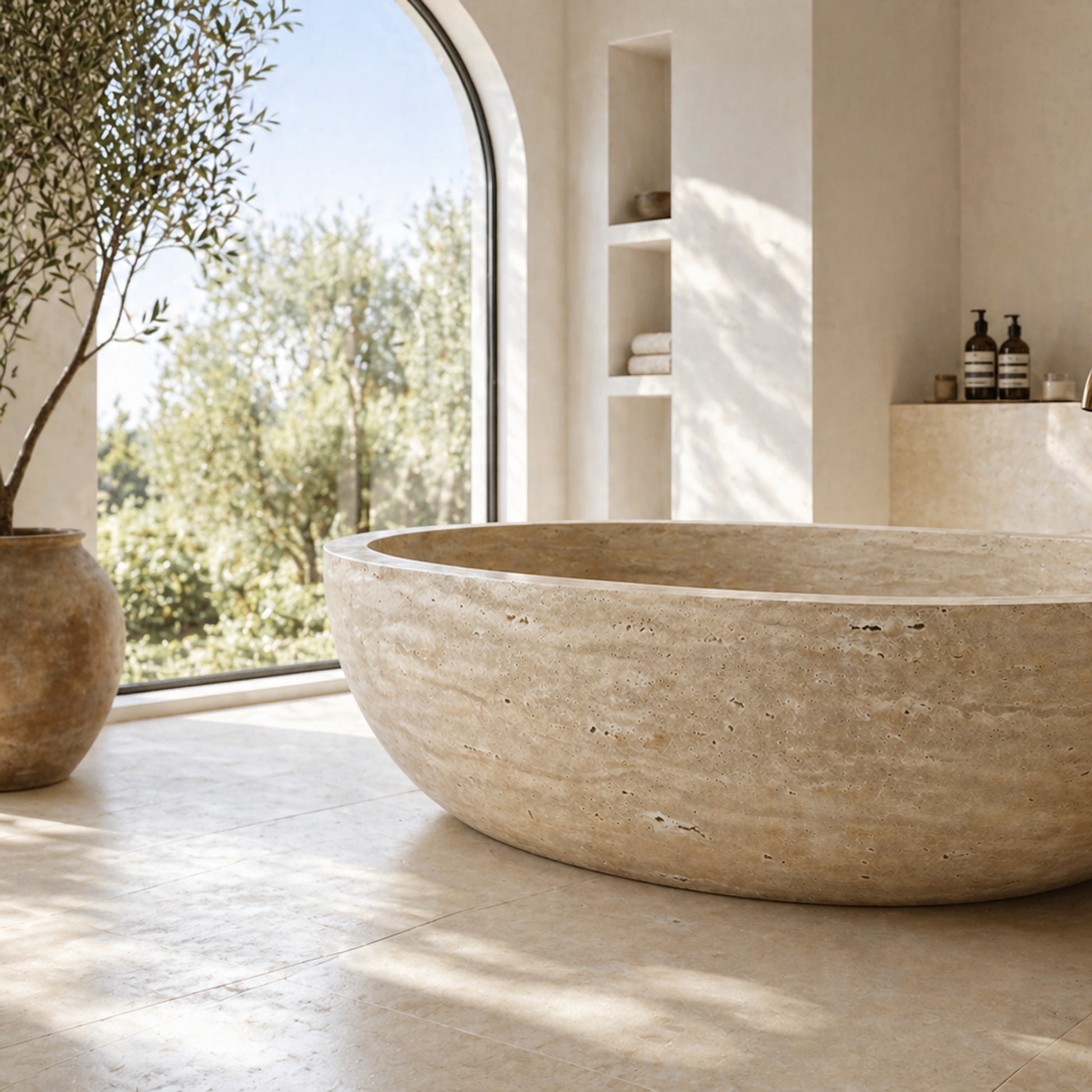 ROMA Roman Travertine soaking bathtub in a spa-inspired interior, styled visualization