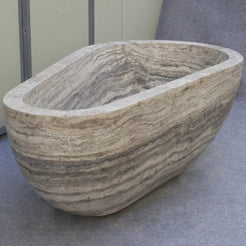 Rovena Roman Silver Travertine soaking bathtub, real product three-quarter view