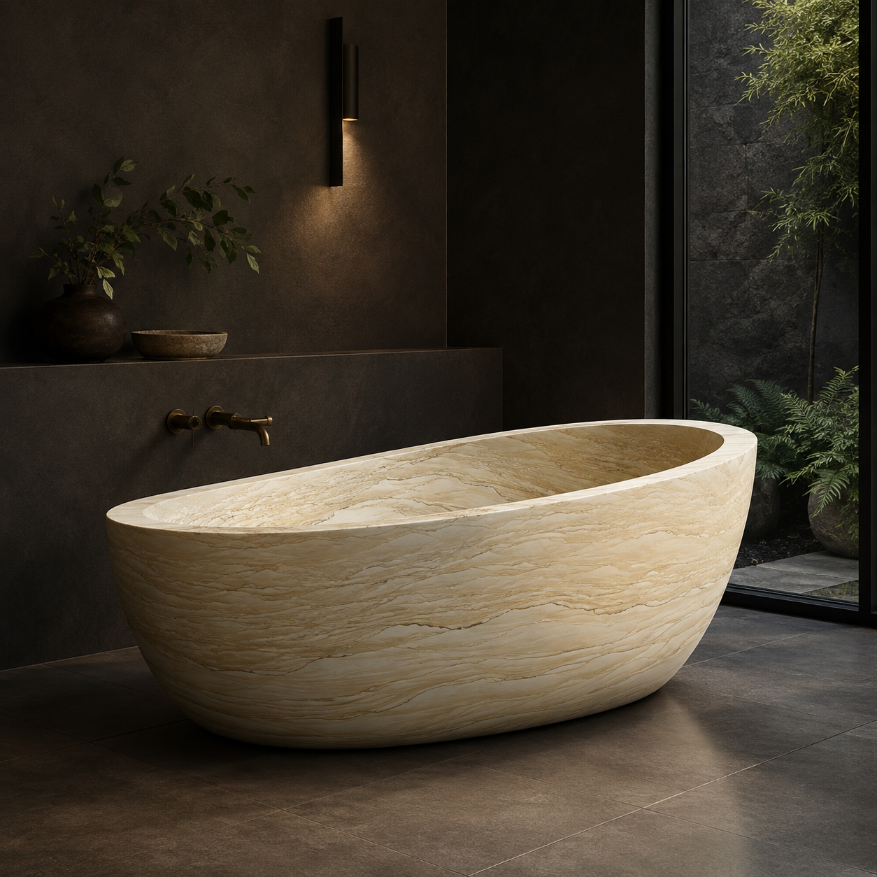 Sahira BT-085A Natural Sandstone raised-end oval freestanding soaking bathtub in a darker architectural bathroom, alternate lifestyle view