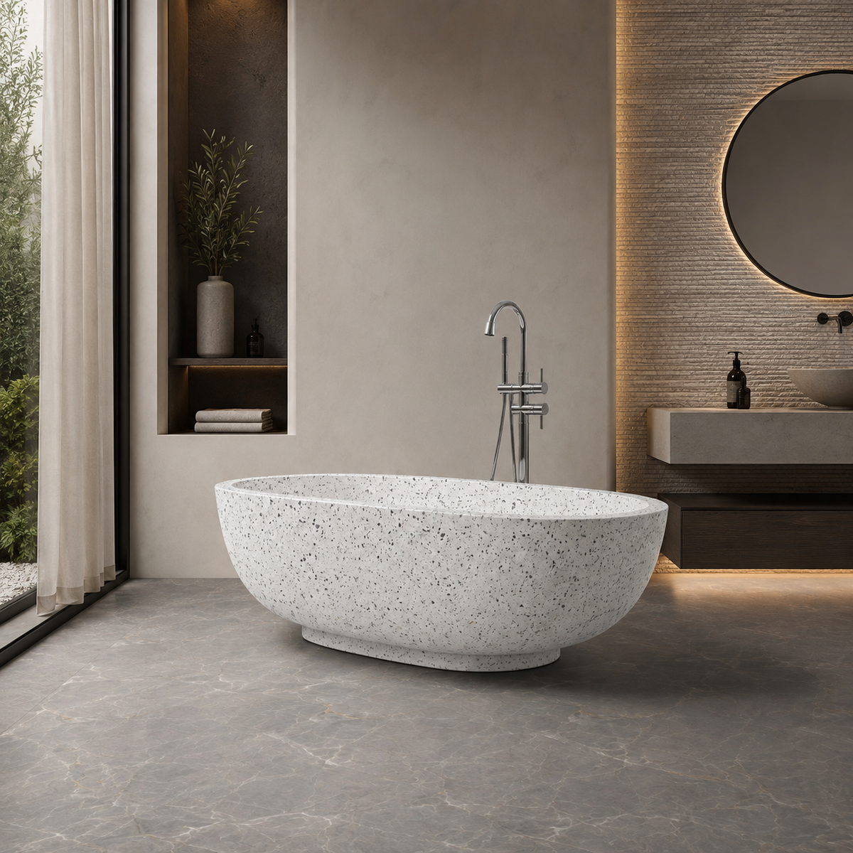 Selvara BT-134A alba-white-terrazzo freestanding soaking bathtub in a quiet contemporary boutique-hotel bathroom