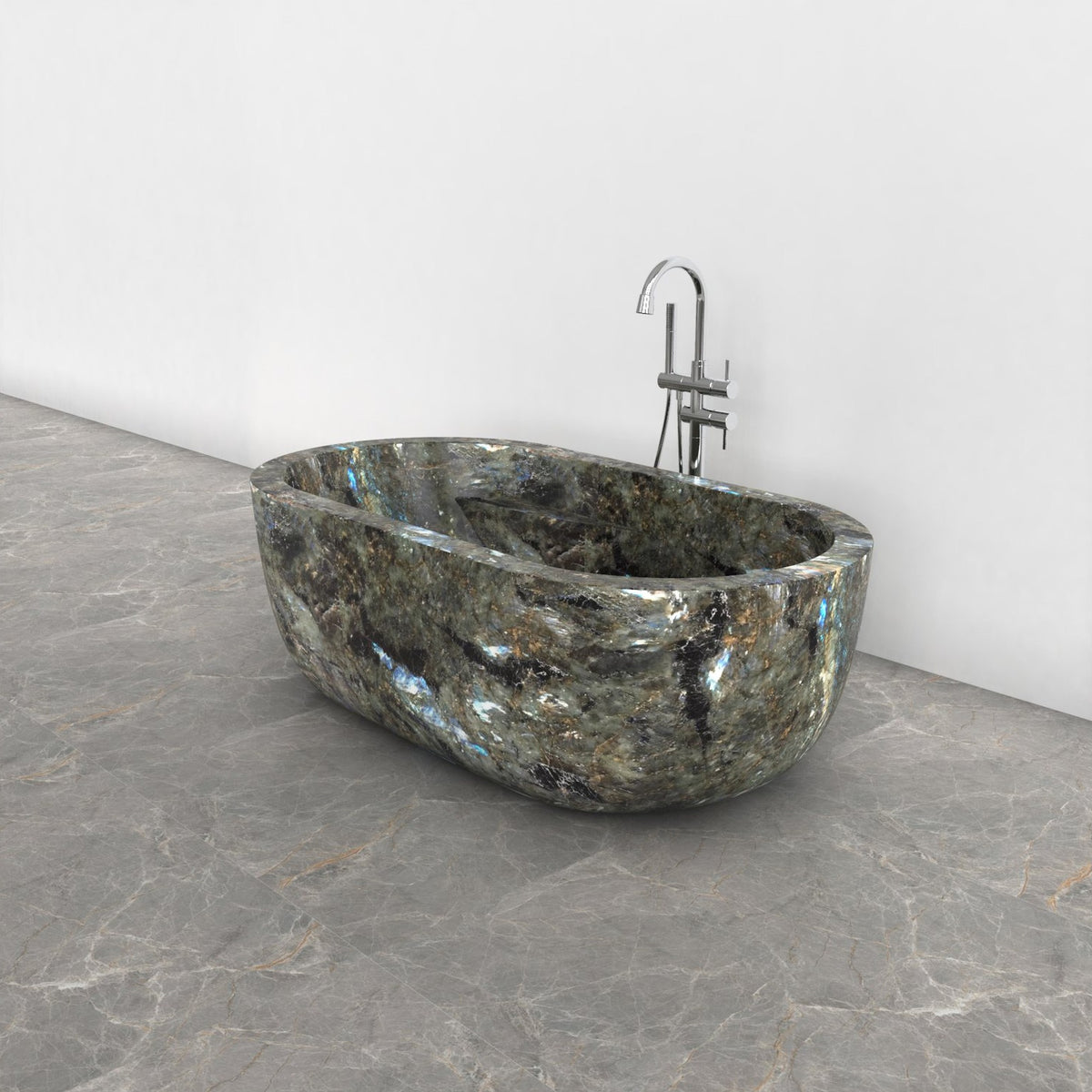 Serelle Celestia Blue Quartzite bathtub, studio three-quarter visualization