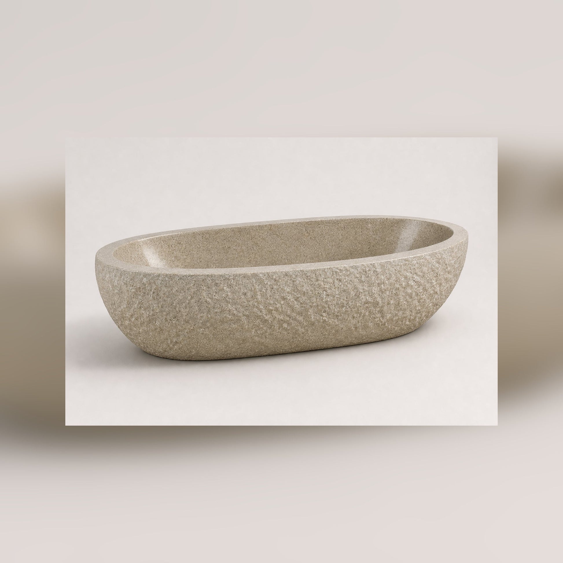 Solea Harvest Gold Granite freestanding bathtub, premium three-quarter studio view