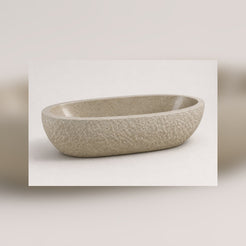 Solea Harvest Gold Granite freestanding bathtub, premium three-quarter studio view