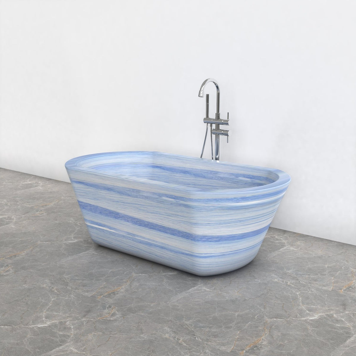 Tivelle Azura Blue Quartzite flared rounded-rectangle bathtub, studio three-quarter visualization