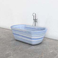 Tivelle Azura Blue Quartzite flared rounded-rectangle bathtub, studio three-quarter visualization