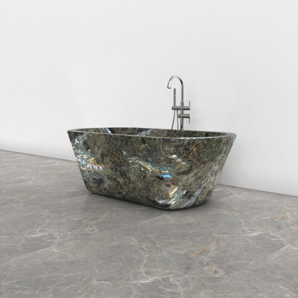 Tivelle Celestia Blue Quartzite flared rounded-rectangle bathtub, studio three-quarter visualization