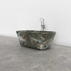Tivelle Celestia Blue Quartzite flared rounded-rectangle bathtub, studio three-quarter visualization