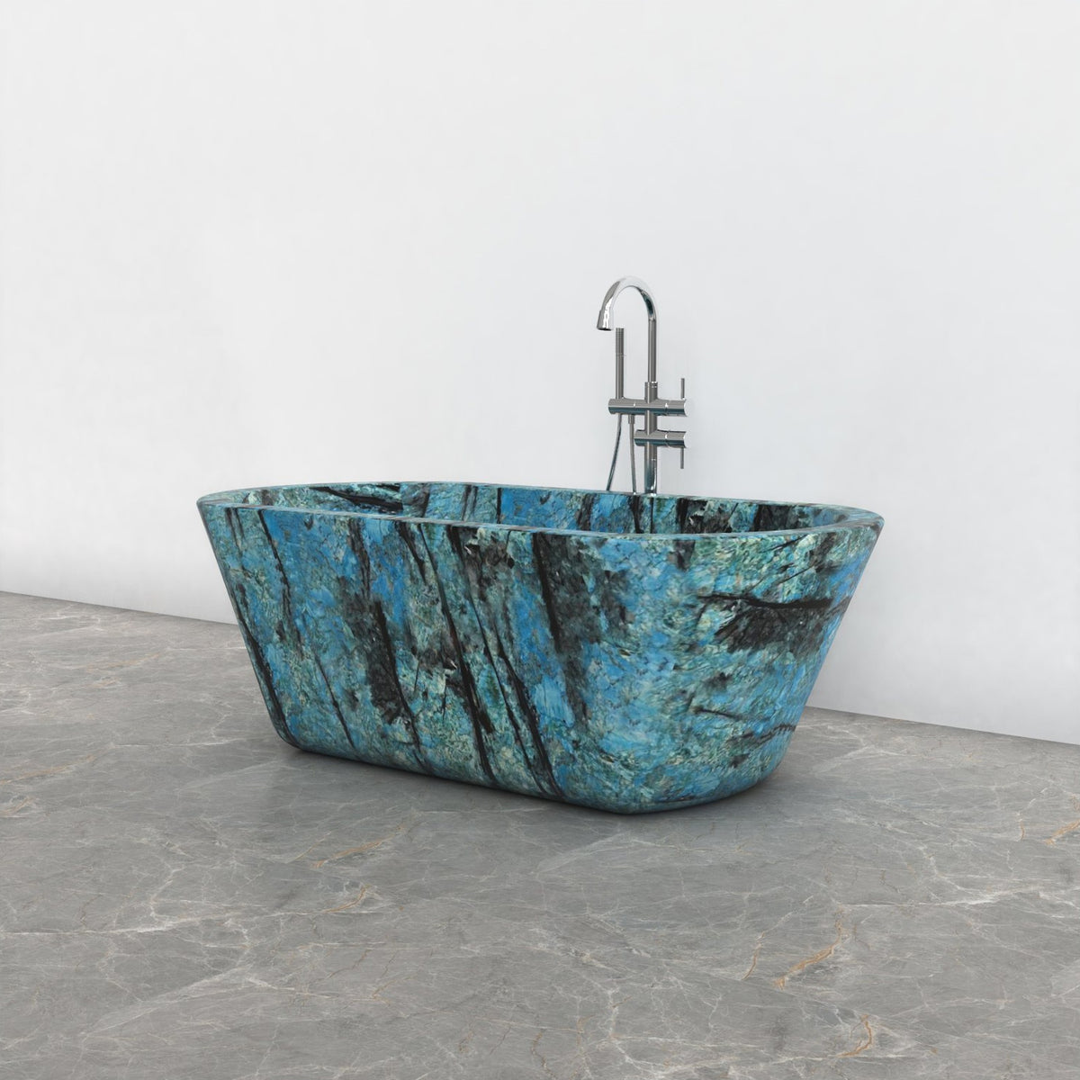 Tivelle Danube Blue Quartzite flared rounded-rectangle bathtub, studio three-quarter visualization