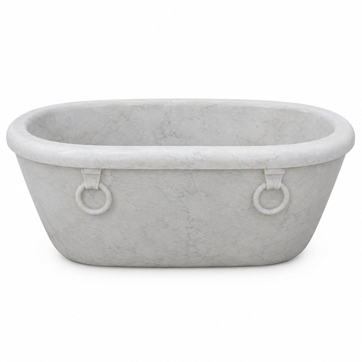 Valenne Italian Carrara White Marble rolled-rim bathtub, studio three-quarter visualization