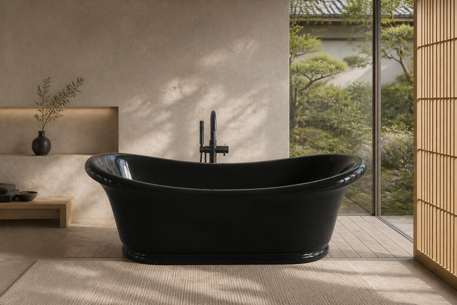 Vallora Shanxi Black Granite soaking bathtub in a Japanese-inspired bathroom, styled visualization
