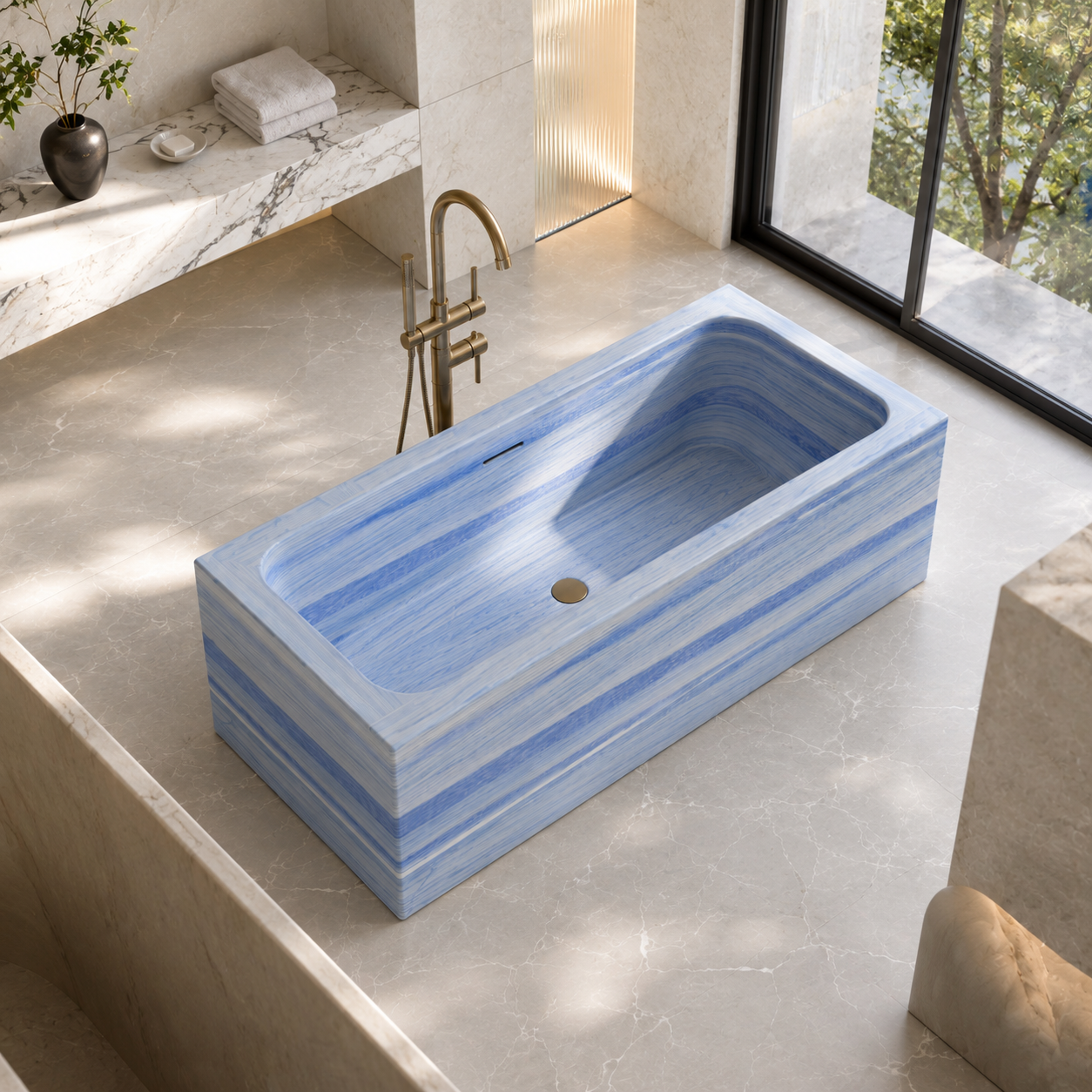 Virelle Azura Blue Quartzite rectangular freestanding soaking bathtub from an elevated oblique angle in a bright contemporary bathroom, styled visualization