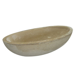 YARA Beige Travertine freestanding soaking bathtub, real product view with smooth inner basin and textured exterior