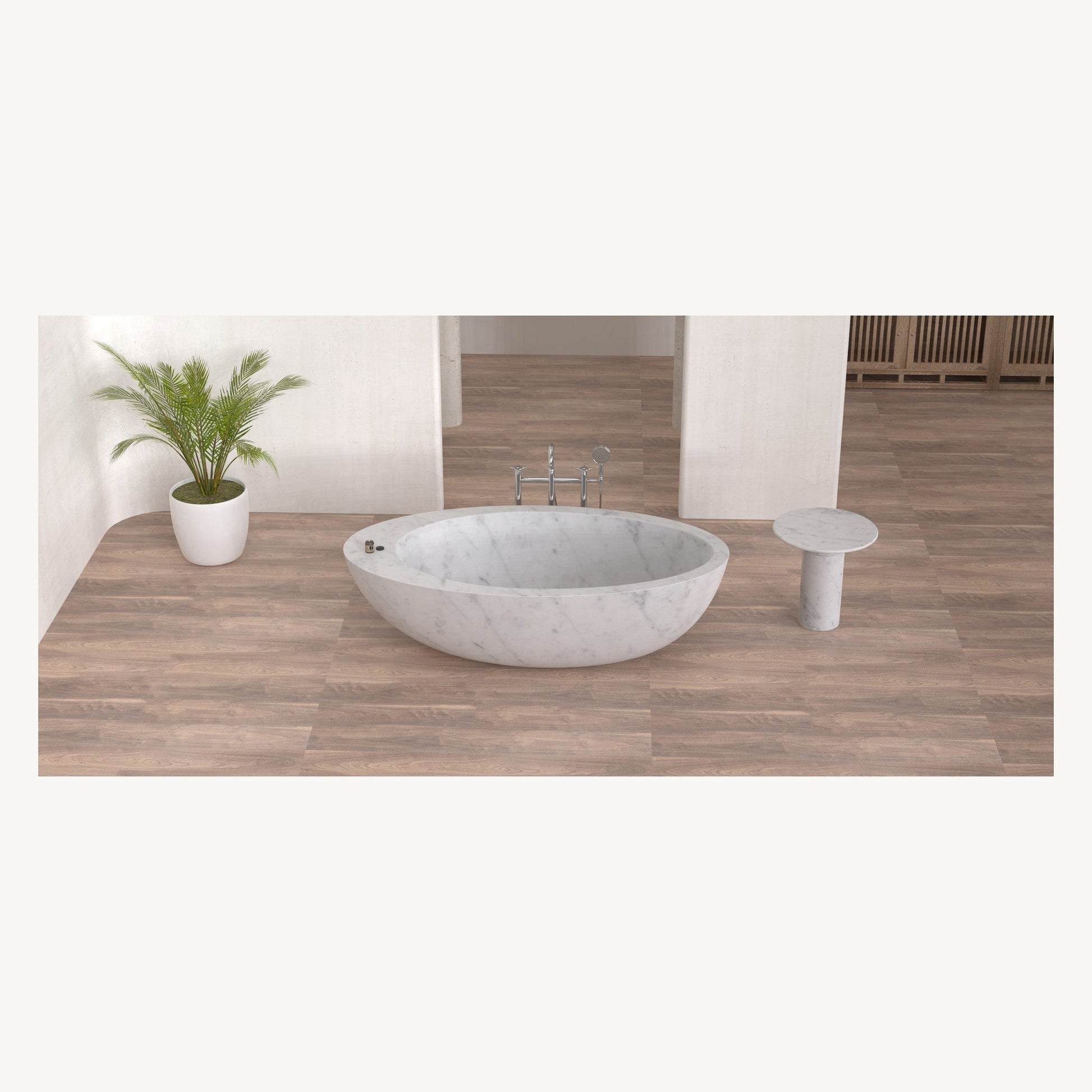 Yaris freestanding Carrara White Marble bathtub, angled bathroom view