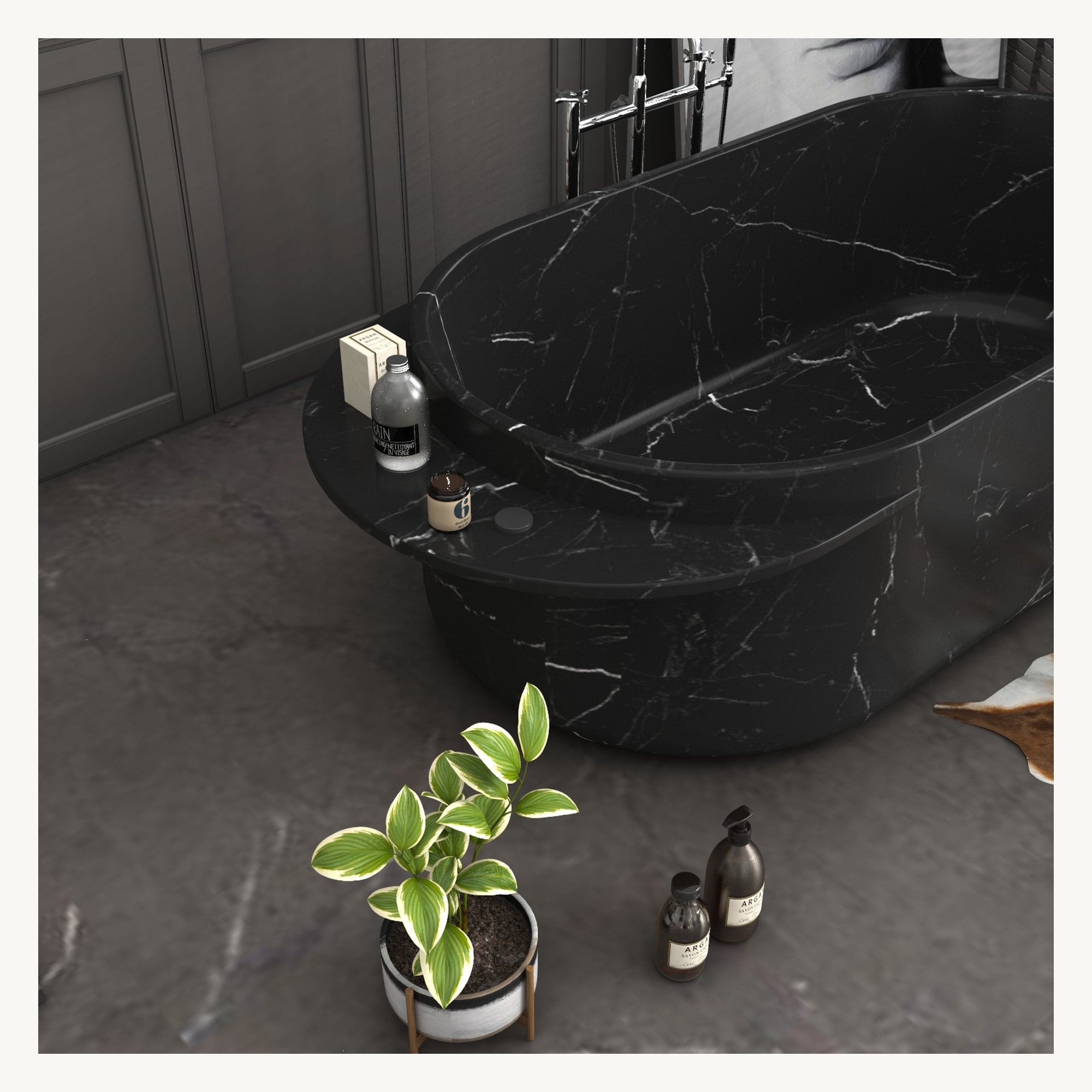 Yetta Portoro Black Marble bathtub, angled styled visualization with extended stone rim