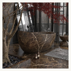 Yuka Dark Emperador Marble bathtub, angled view with cream-to-white natural veining