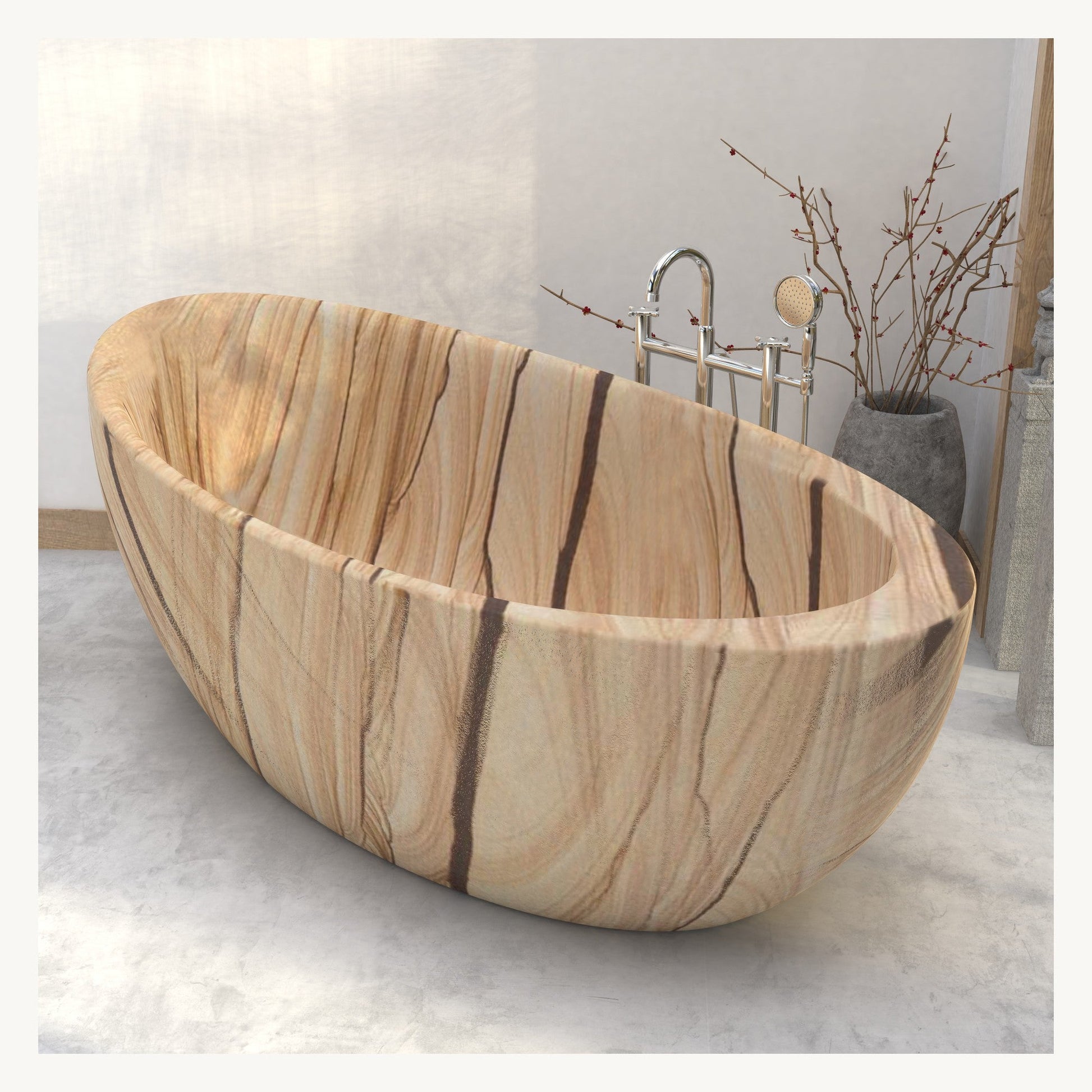 Yuka Natural Sandstone bathtub, angled styled visualization showing layered stone movement
