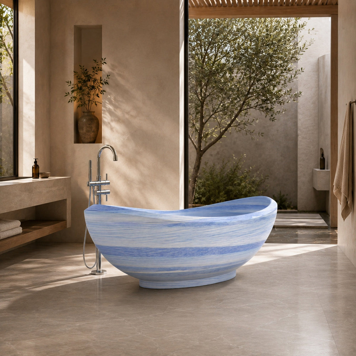 Yuna Azura Blue Quartzite soaking bathtub in a courtyard-connected luxury bathroom, styled visualization