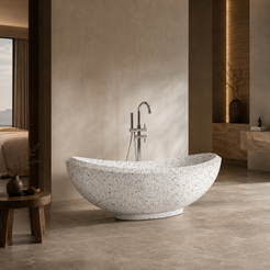 Yuna BT-032A alba-white-terrazzo freestanding soaking bathtub in a quiet contemporary boutique-hotel bathroom