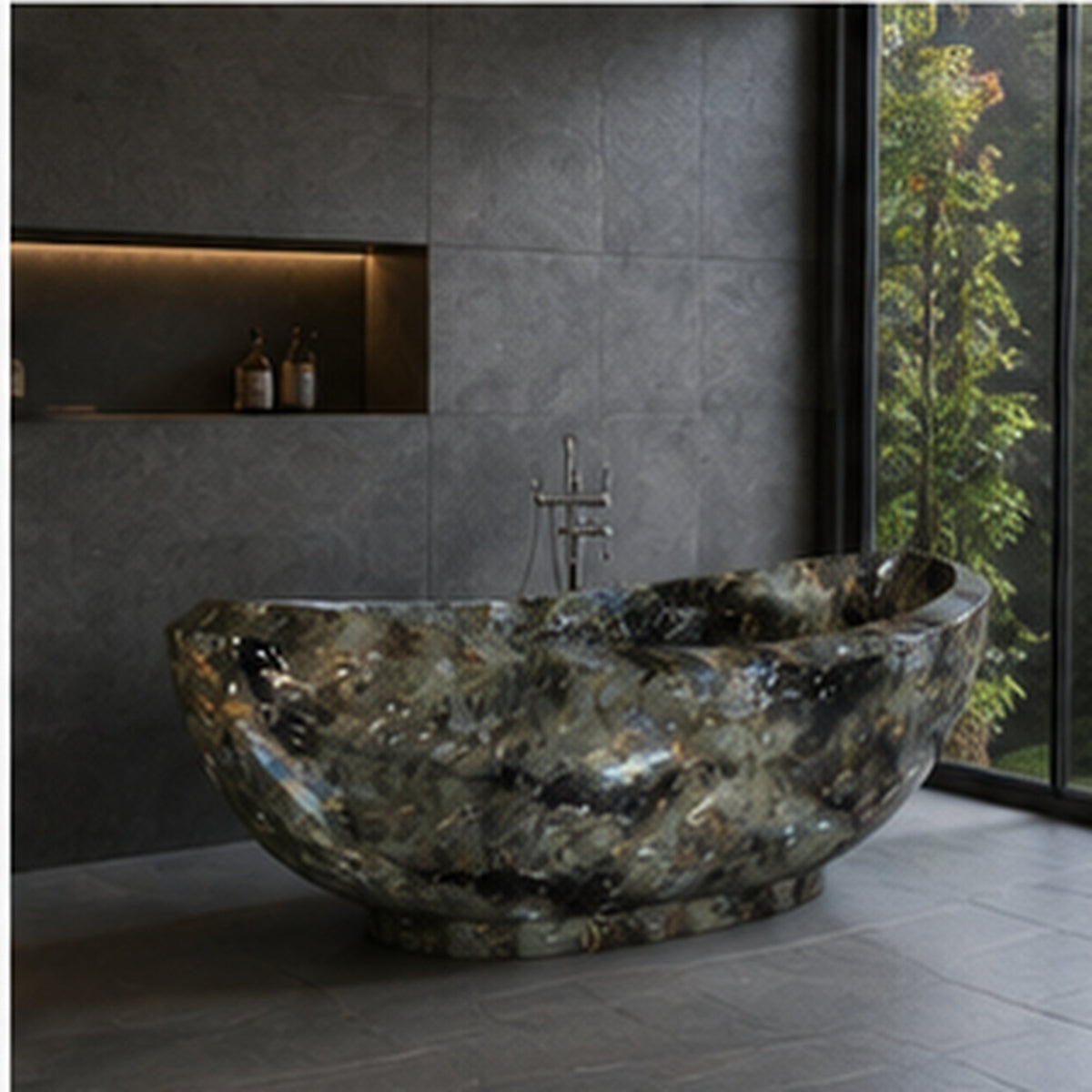 Yuna Celestia Blue Quartzite soaking bathtub in a dark stone modern architectural bathroom, styled visualization
