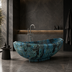 Yuna Danube Blue Quartzite soaking bathtub in a dark charcoal modern architectural bathroom, styled visualization