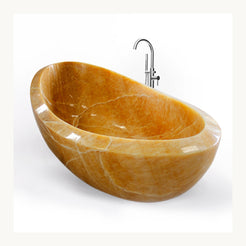 Yuna Honey Onyx freestanding soaking bathtub, opposite three-quarter studio visualization