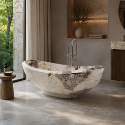Yuna Pandora Blanc Quartzite soaking bathtub in a quiet contemporary boutique-hotel bathroom, styled visualization