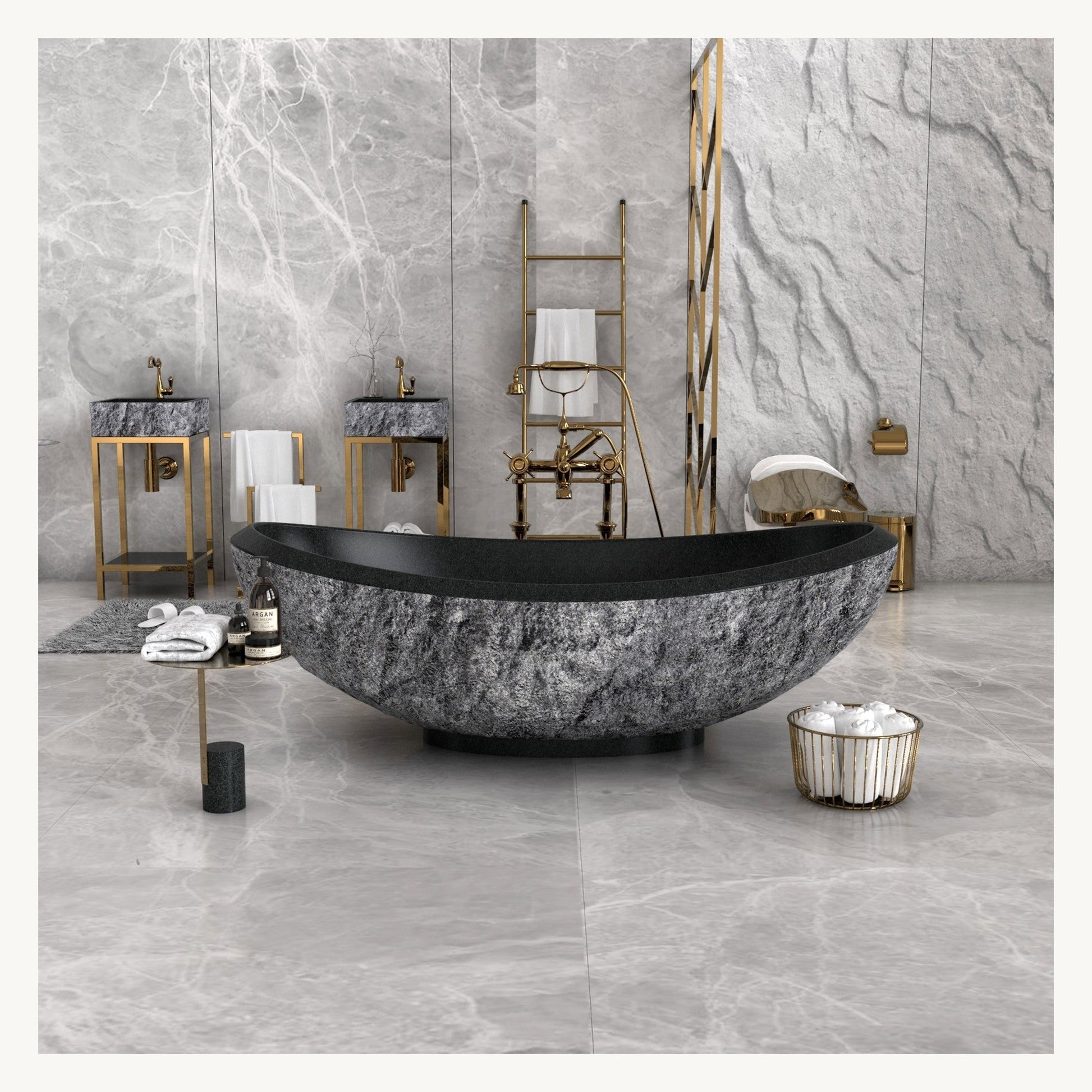 Yura boat-shaped Neroco Granite soaking bathtub, centered front view
