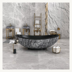 Yura boat-shaped Neroco Granite soaking bathtub, centered front view