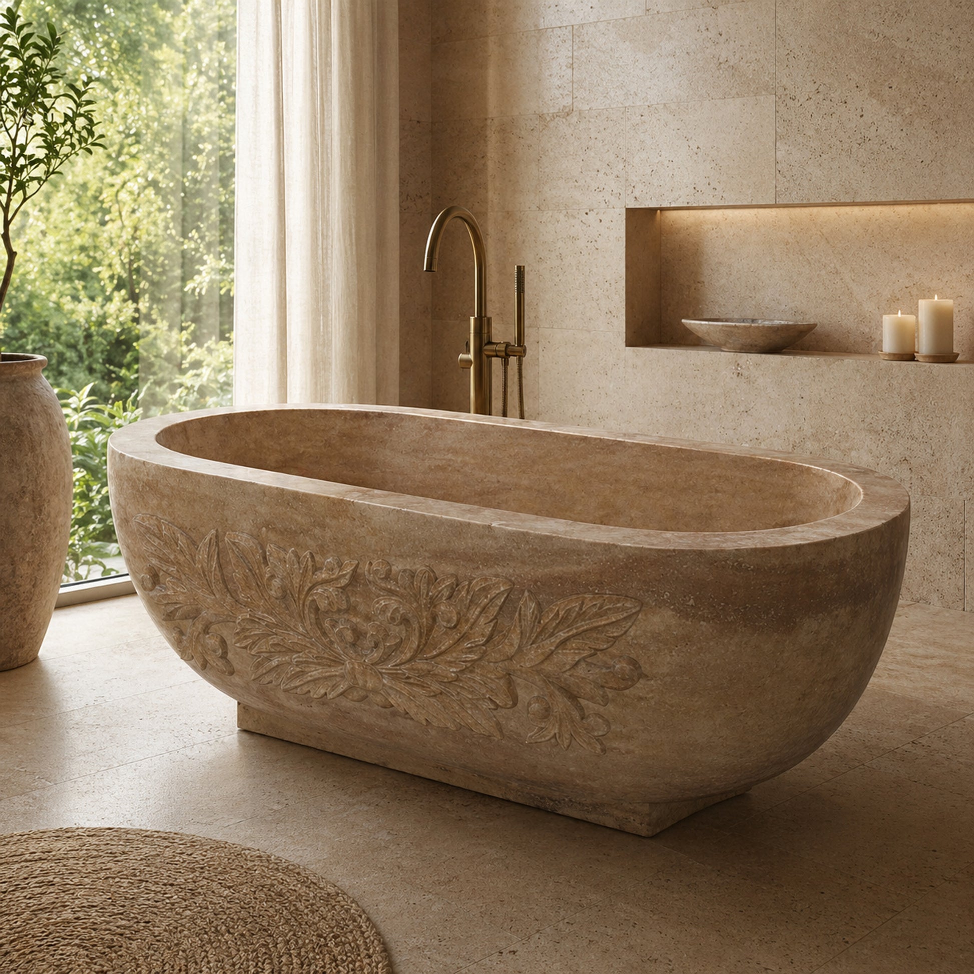 YVANA hand-carved Brown Travertine bathtub in a luxury bathroom, styled visualization
