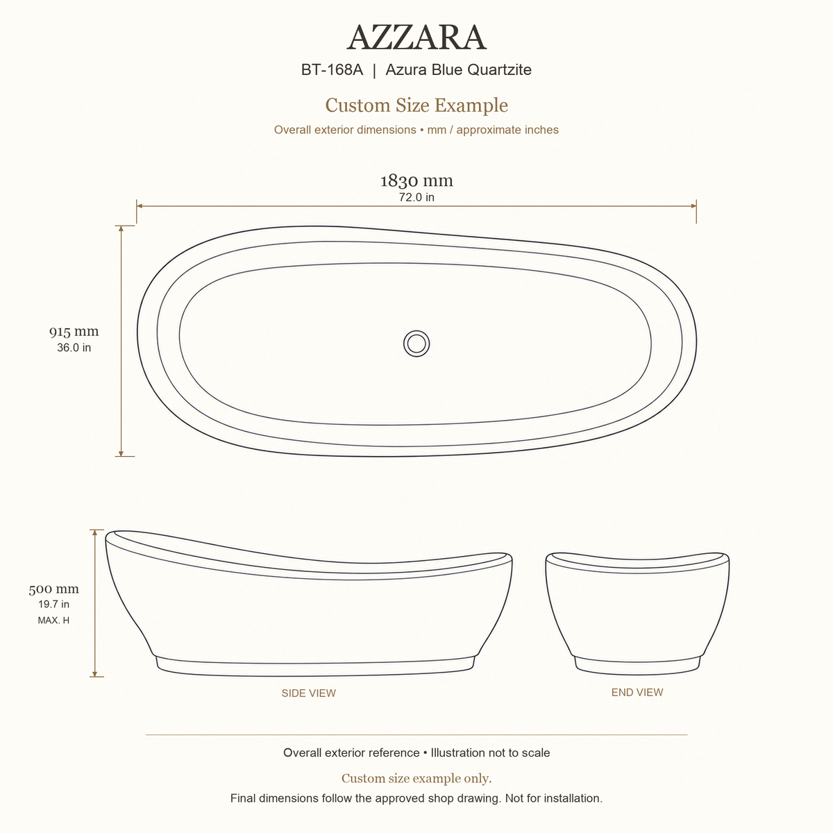 Azzara BT-168A Azura Blue Quartzite bathtub custom size example: 1830 × 915 × 500 mm (L × W × maximum overall H). Final dimensions follow the approved shop drawing; not for installation.