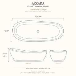 Azzara BT-168A Azura Blue Quartzite bathtub custom size example: 1830 × 915 × 500 mm (L × W × maximum overall H). Final dimensions follow the approved shop drawing; not for installation.
