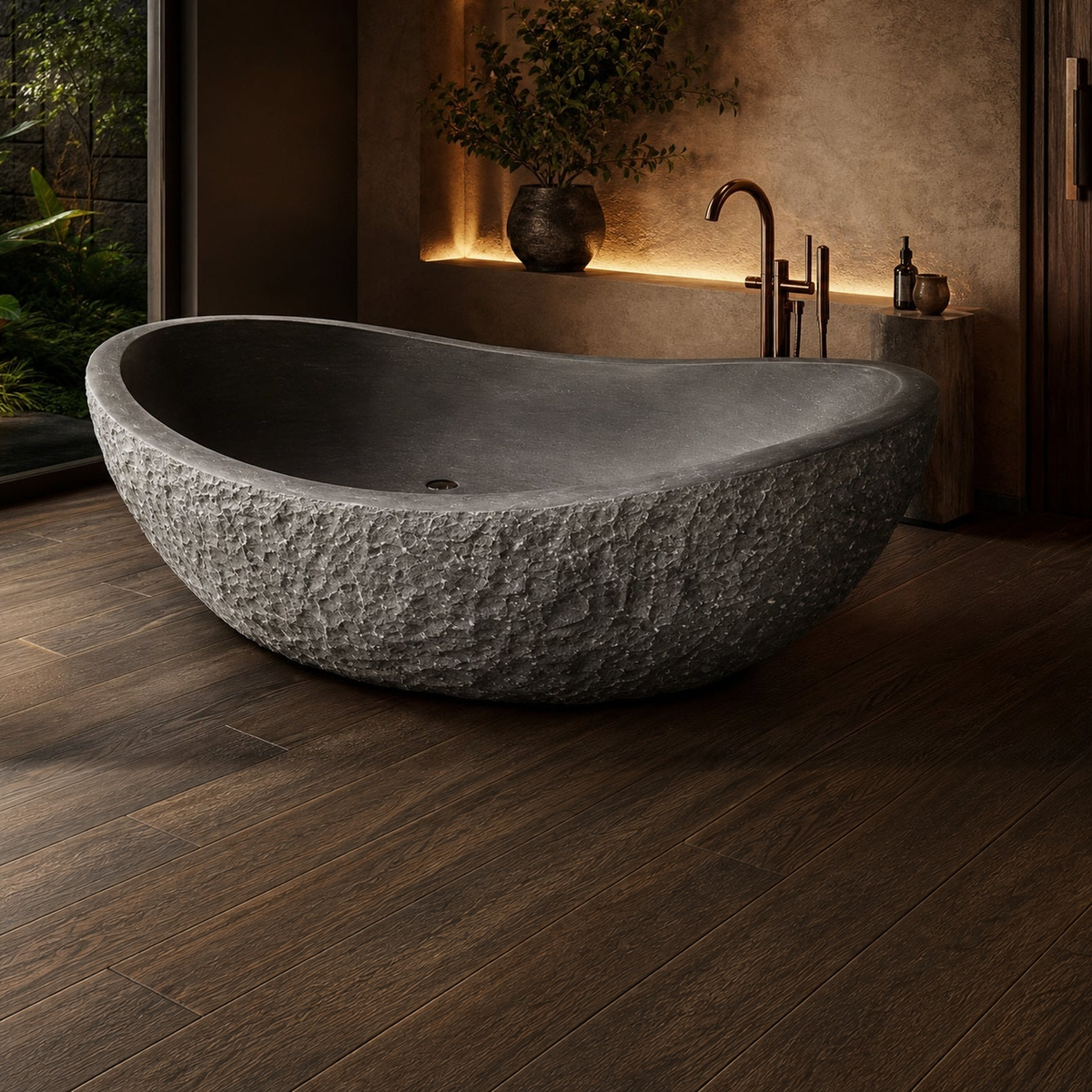 Noira BT-070A Absolute Black Granite bathtub — second lifestyle, square presentation.