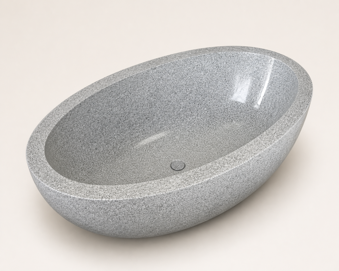 Alura Alpine Silver Granite bathtub, elevated interior and center drain studio view