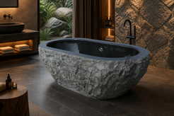 Arden rugged black granite bathtub in a luxury hospitality spa, styled visualization