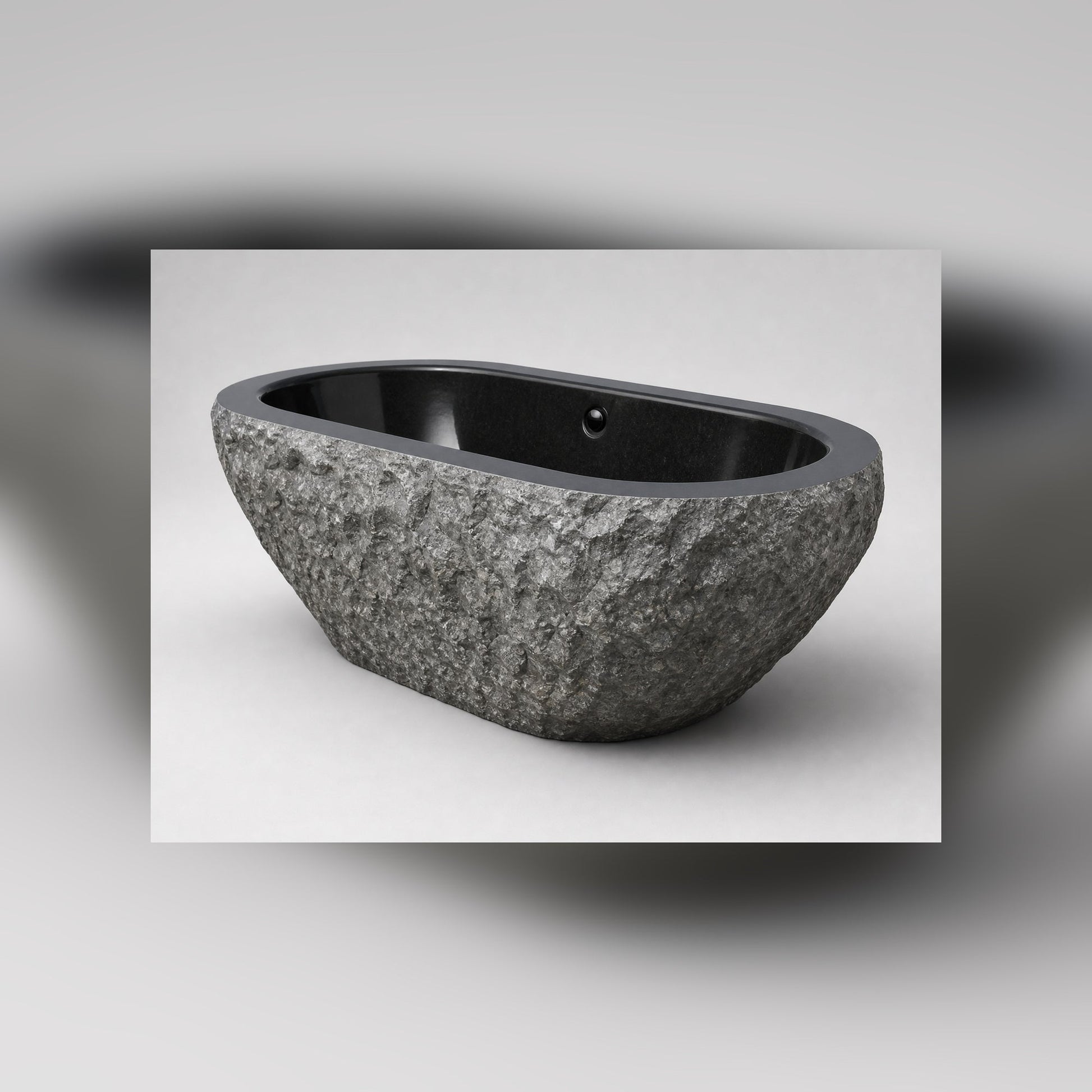 Arden Natural-Face Black Granite freestanding bathtub, opposite-angle studio visualization