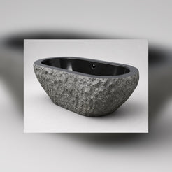 Arden Natural-Face Black Granite freestanding bathtub, opposite-angle studio visualization